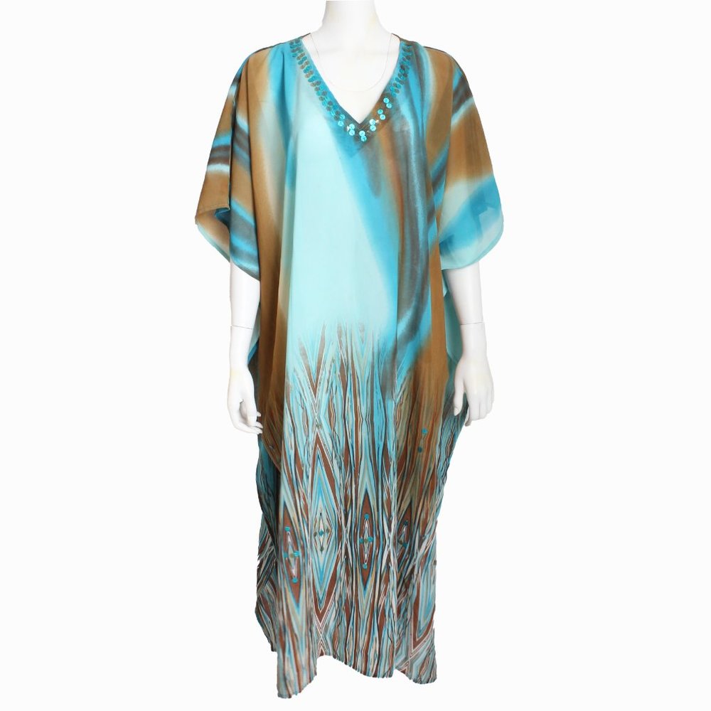 Caftan Cover Up Tribal Print Sheer Embellished Erica Brooke Collection